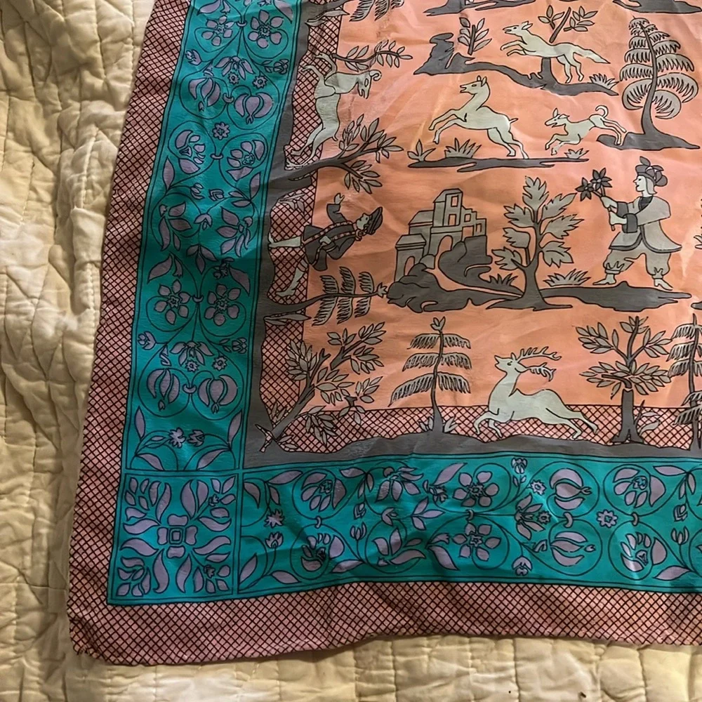 Vintage Chloe Square Silk Scarf  32” pink & turquoise